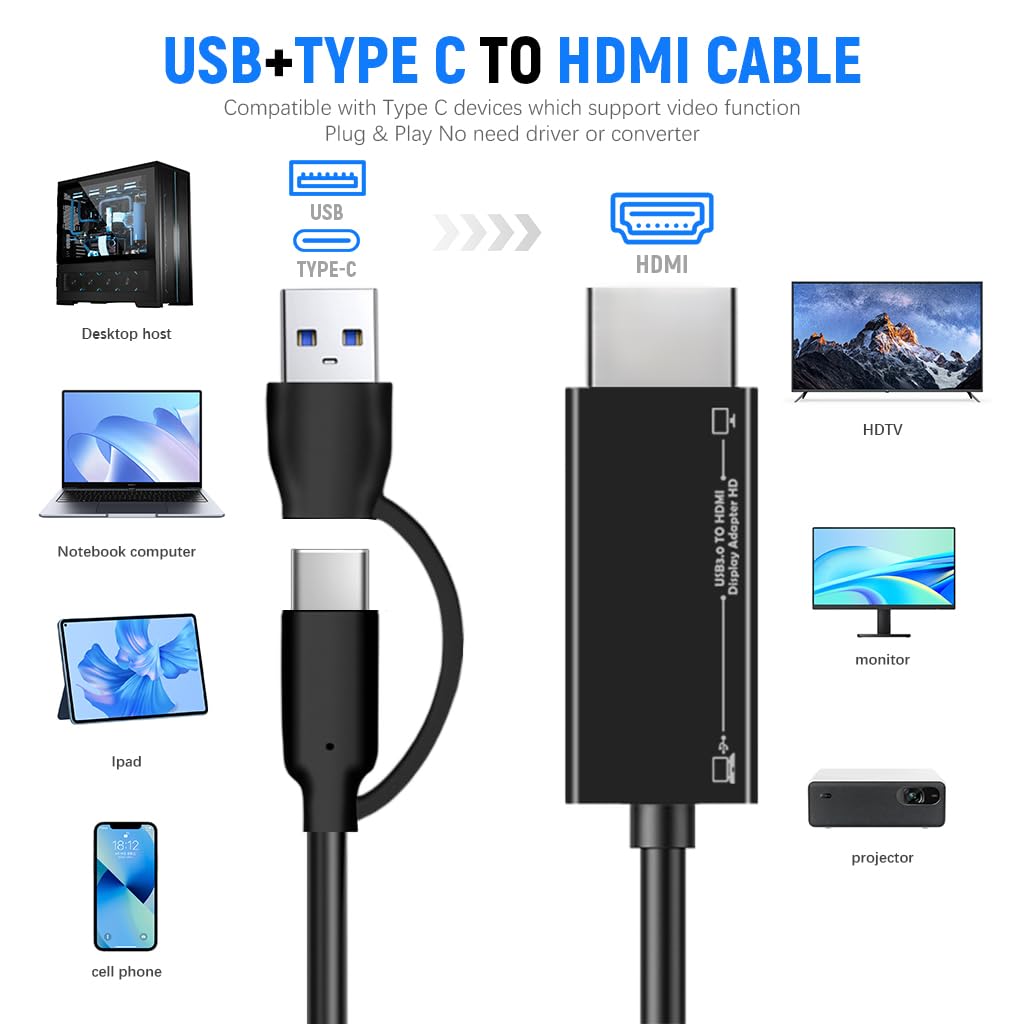 ZORBES USB C to HDMI Cable 2 in 1 USB to HDMI Cable with USB 3.0 Connector 1920x1080P@60Hz HD Video Connection Cable 5.9ft HDMI Cable Universal HDMI Adapter Cable for Laptop, Mobile Phone, iPad Pro ZORBES USB C to HDMI Cable 2 in 1 USB to HDMI Cable with USB 3.0 Connector 1920x1080P@60Hz HD Video Connection Cable 5.9ft HDMI Cable Universal HDMI Adapter Cable for Laptop, Mobile Phone, iPad Pro